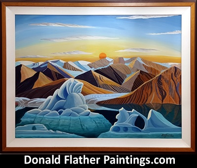 Click here to see Dr. DM Flather's  original Canadian oil landscape painting titled Sermilk Glacier from Baffin Island in the high Arctic framed view