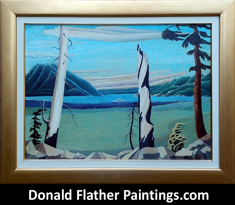 Donald Flather framed original Canadian oil landscape painting titled Bleached Roadside Snags BC Howe Sound Coastal seascape painting