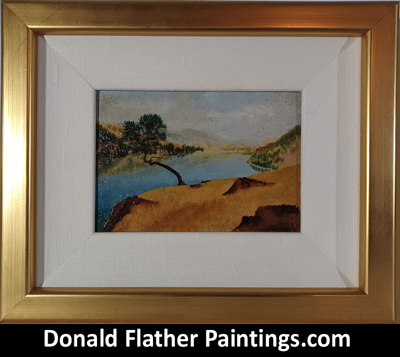 Dr. DM (Donald McIntosh) Flather original Canadian oil on panel framed landscape painting titled Cliffside Pine Skaha Lake from the Okanagon Lake BC Interior Region