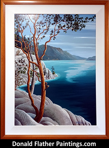 'Cliffside Arbutus - HS 12' original oil on panel landscape painting featuring beauitiful Arbutus trees overlooking Howe Sound by FCA Canadian Artist, Dr. DM Flather