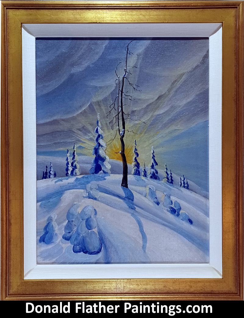 Donald Flather original framed Canadian oil painting titled Winter Sun and Snow