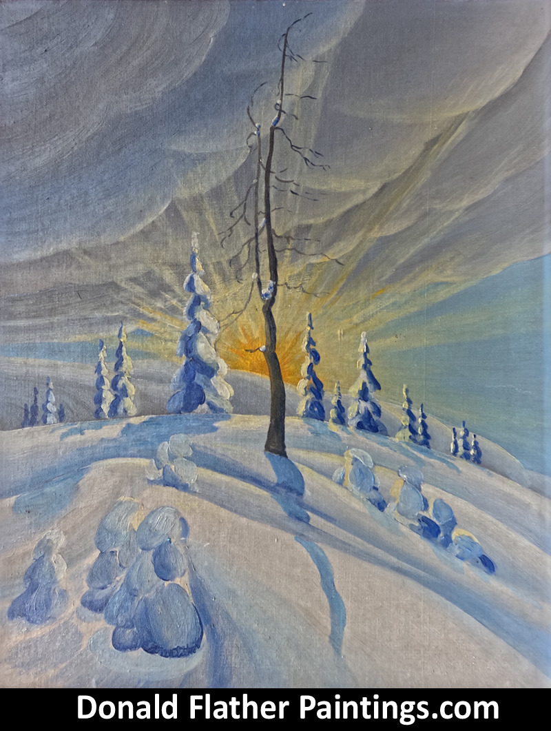 Donald Flather original Canadian oil painting titled Winter Sun and Snow