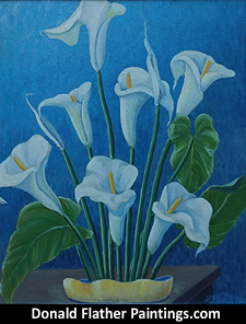 Click here to see Dr. DM (Donald McIntosh) Flather's original oil painting titled 'White Lillies' painting's unframed view
