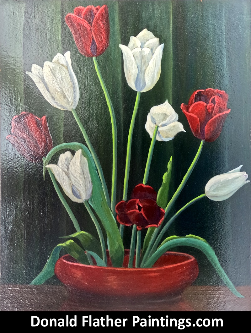 Dr. DM (Donald McIntosh) Flather original Canadian oil floral still life painting titled 'White Tulips'