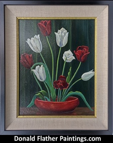 Click here to see Dr. DM (Donald McIntosh) Flather's original oil painting titled 'White Tulips' framed view