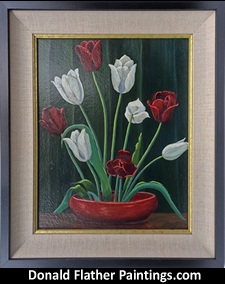 Click here to see Dr. DM (Donald McIntosh) Flather's original oil painting titled 'White Tulips' framed view