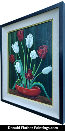 Click here to see Dr. DM (Donald McIntosh) Flather's original oil painting titled 'White Tulips' framed view
