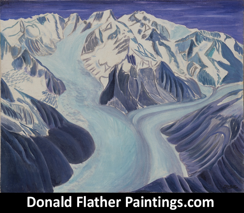 Donald Flather original Canadian oil landscape painting titled CO16 Radiant Glacier - Scimitar Glacier, Mt.Tiedmann and Mt. Waddington