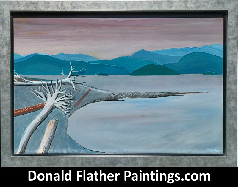 Donald Flather original Canadian oil landscape painting titled CO17 Discovery Islands From Rebecca Spit - about 1/3 northward along the eastern shore from Cape Mudge BC Coastal seascape painting framed view