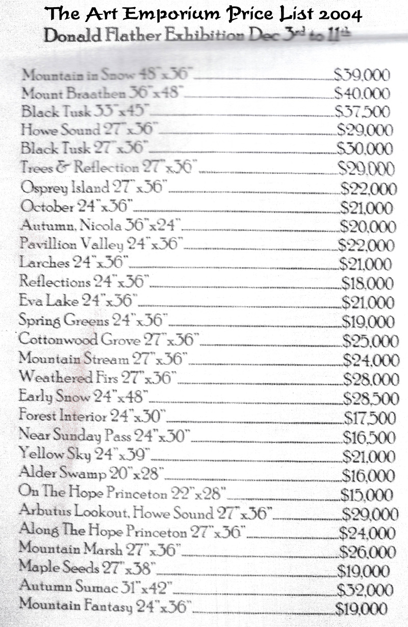 The Art Emporium Art Gallery's Price List for the 2004 Donald Flather solo art show
